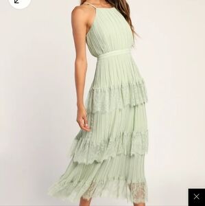 Came For Cocktails Sage Green Pleated Tiered Lace Maxi Dress